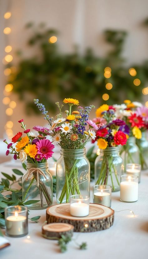 10 Gorgeous Rustic Wedding Decorations You Can DIY That Will Wow Your Guests! - Cozy Home Buzz Cheap Summer Wedding Ideas, Upscale Rustic Wedding, Diy Wedding Centerpieces Rustic Country Table Decorations, Retro Wedding Centerpieces, Rustic Boho Wedding Centerpieces, Simple Spring Wedding Ideas, Diy Spring Wedding Decorations, Cheap Diy Wedding Ideas, Rustic Wedding Ideas On A Budget Diy