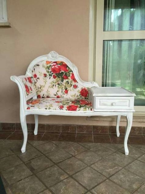 Phone Bench, Gossip Benches, Telephone Seat, Romantic Furniture, Upcycle Chair, Gossip Bench, Phone Table, Revamp Furniture, Mudroom Decor