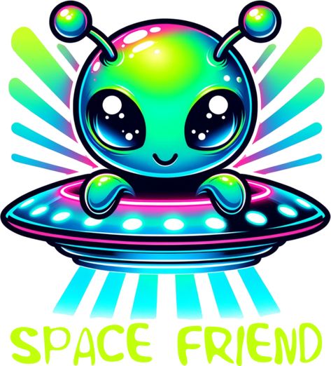 Illustration of a kawaii alien, with big luminous eyes and three colorful antennas. Its skin glows in radiant shades of green and blue, capturing the 80s airbrush aesthetic. It hovers above a Ufo, emitting beams of light. This cute space friend graphic features a friendly alien and UFO design that's out of this world adorable! Perfect for those who love all things intergalactic and kawaii. Ideal for space enthusiasts, sci-fi fans, or anyone who loves cute and unique graphic graphic. Wear it to s Alien Painted Rocks, Alien Illustration Cute, Neon Space Aesthetic, Airbrush Aesthetic, 80s Airbrush, Watch Pic, Kawaii Alien, Aliens Art, Outer Space Drawing