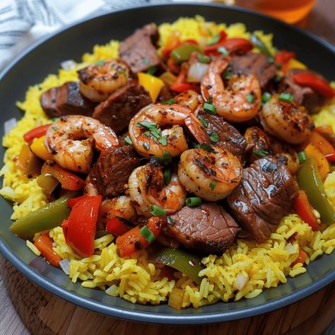 Jerk Steak & Shrimp Fiesta - Recipes, Tasks & Tools Jerk Steak And Shrimp, Steak And Shrimp Recipes, Jerk Steak, Shrimp Over Rice, Fiesta Recipes, Yellow Rice Recipes, Steak Shrimp, Jamaican Dishes, Steak And Shrimp