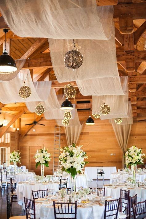 Southern Rustic Charm  Barn Wedding Ideas / http://www.himisspuff.com/rustic-indoor-barn-wedding-reception-ideas/11/ Rustic Barn Wedding Reception, Wedding Ceiling Decorations, Vintage Barn Wedding, Folk Wedding, Wedding Ceiling, Barn Wedding Reception, Barn Wedding Decorations, Burlap Wedding, Rustic Barn Wedding