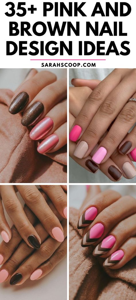 Unleash your creativity and get inspired with these 35+ pink and brown nail design ideas. 💅❤️🤎 #NailArt #NailDesign #PinkAndBrownNails #ManicureIdeas Pink And Chocolate Nails, Pink And Brown Nail Designs, Pink And Brown Fall Nails, Pink And Brown Nail Ideas, Brown Nail Design Ideas, Brown And Pink Nails Design, Pink And Brown Nails Acrylic, Brown And Pink Nails Acrylic, Nails Brown And Pink