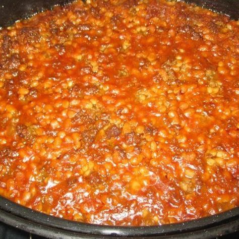 Cowboy Beefy Baked Beans - AMISH RECIPE - Amish365.com Baked Beans With Hamburger, Cowboy Baked Beans, Mennonite Recipes, Cowboy Beans, Food Spices, International Dishes, Recipes Sides, Corn Fritters, School Cafeteria