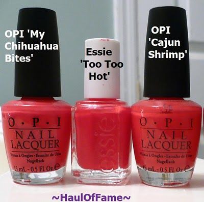 A very thoughtful and thorough comparative analysis of OPI My Chihuahua Bites  vs.  Essie Too Too Hot  vs.  OPI Cajun Shrimp Opi Cajun Shrimp, Opi Polish, Good Morning Today, Cajun Shrimp, Gel Polish Colors, Opi Nail Polish, Essie Nail Polish, Get Nails, Neutral Nails