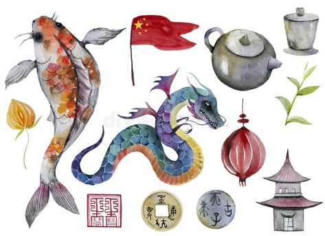 Flag, vase, porcelain, bamboo, tea, teapot, coin, physalis, dragon, carp, Panda, fish, koi royalty free illustration Koi Illustration, Flower Cherry Blossom, Koi Carp Fish, Cloud Background, Carp Fish, Carpe Koi, Bamboo Tea, Water Splash, Koi Carp