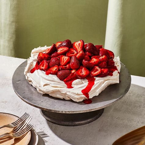 Strawberry Pavlova Recipe | Bon Appétit Graham Crackers Crust, Christmas In Summer, Restaurant Desserts, Strawberry Pavlova, Epicurious Recipes, Baked Meringue, Macerated Strawberries, Lime Cookies, Meringue Desserts