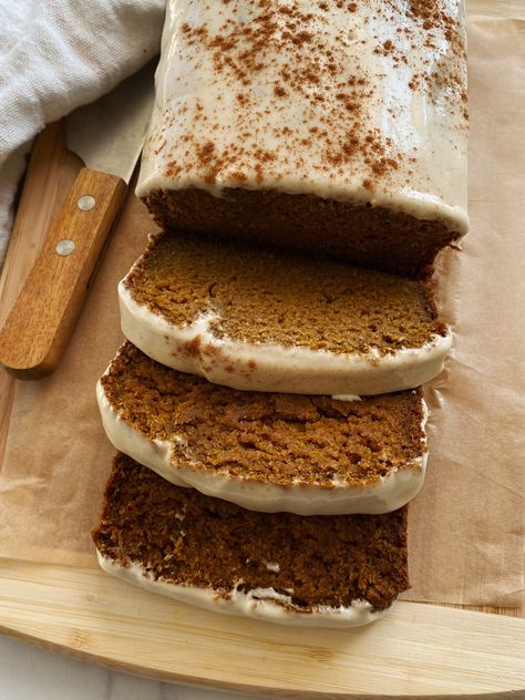 Gluten-free Pumpkin Bread with a Maple Cream Cheese Glaze - Something Nutritious Pumpkin Banana Bread Healthy, Pumpkin Cream Cheese Bread, Gluten Free Pumpkin Bread, Maple Cream Cheese, Healthier Snacks, Pumpkin Banana Bread, Bread Ideas, Thanksgiving 2022, Cream Cheese Glaze