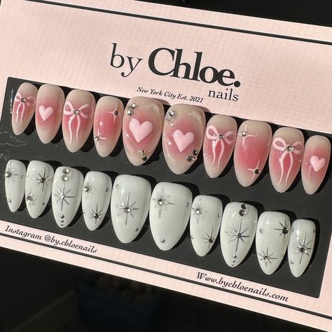 💖 Her finished order! Zoe used to be a committed medium round girly but we recently switched to medium almond & it’s quickly become her favorite! The medium round & medium almond are very similar in length but almond is more tapered at the ends 💅 for a more elongated look! Make sure to save for your next order! XOXO Chloe 💖 #almondshapenails #pressonnailsforsale #pressons #athomenails #valentinesdaynails #heartnails By Chloe Nails, Press Ons Nails Design, Pink Sparkly Nails, Chloe Nails, Nails Box, Press On Nails Almond, Business Nails, Strawberry Candy, Nail Box