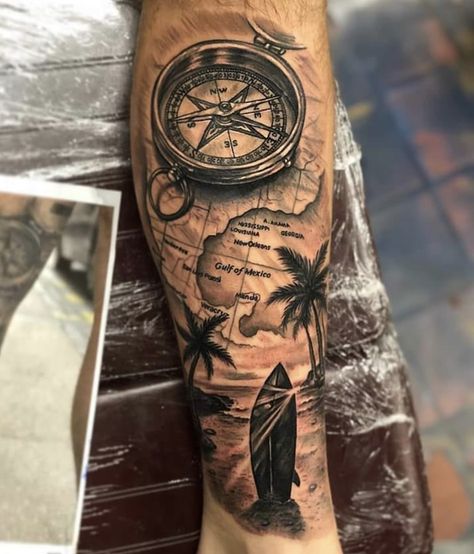 Map Arm Sleeve Tattoo, Tropical Sleeve Tattoo Men, Cool Arm Sleeve Tattoo For Men, Travel Sleeve Tattoos For Guys, Bahama Tattoo Ideas, Map Tattoos Men, Map Sleeve Tattoo, Tropical Tattoo For Men, Tropical Tattoo Ideas