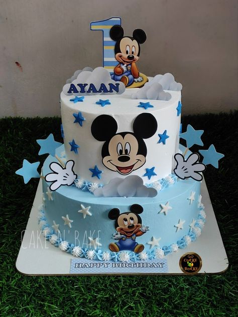 Birthday Cakes For 2 Year Boys, Blue Mickey Mouse Cake, Mickey Mouse Cake Design, Mickey Mouse Theme Cake, Baby Mickey Mouse Cake, 1st Birthday Cake Designs, Chocolate Birthday Cake Decoration, Baby Cake Design, Mickey Birthday Cakes