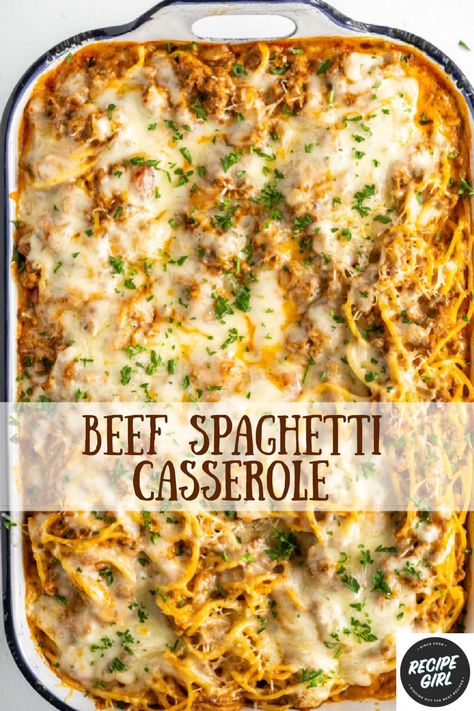 Beef Spaghetti Casserole recipe from RecipeGirl.com #beef #spaghetti #casserole #recipe #RecipeGirl Beef Spaghetti, Spaghetti Casserole Recipe, Chicken Spaghetti Casserole, Hamburger Dishes, Spaghetti Casserole, Soul Food Dinner, Beef Casserole Recipes, Recipe Girl, Beef Casserole