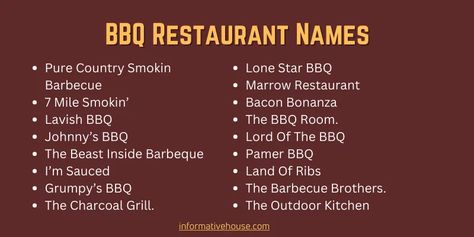 399+The Most Amazing BBQ Restaurant Names Ideas & Suggestions Restaurant Names Ideas, Bbq Restaurant Design, Barbeque Side Dishes, Unique Company Names, Company Names Ideas, Bbq Shop, Unique Business Names, Shop Name Ideas, Business Knowledge