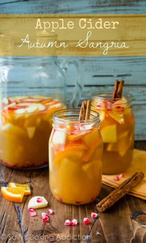 Use your favorite white wine in this irresistible apple cider sangria. It's bursting with fall’s best flavors like apple, cider, citrus, cinnamon, and pear. Recipe on sallysbakingaddiction.com Autumn Sangria, Apple Sangria Recipes, Apple Cider Sangria Recipe, Fall Sangria Recipes, Apple Cider Drink, Apple Sangria, Cider Sangria, Apple Cider Sangria, Cider Drinks