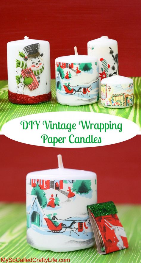 Use vintage Christmas wrapping paper and Mod Podge to decoupage pretty holiday candles and little matchbooks. These are so easy to make! Decoupage Candles Paper Napkins, Vintage Christmas Crafts Diy, Pamper Baskets, Decopatch Ideas, Campfire Christmas, Candle Decoupage, Diy Christmas Candles, Napkin Crafts, Diy Vintage Christmas