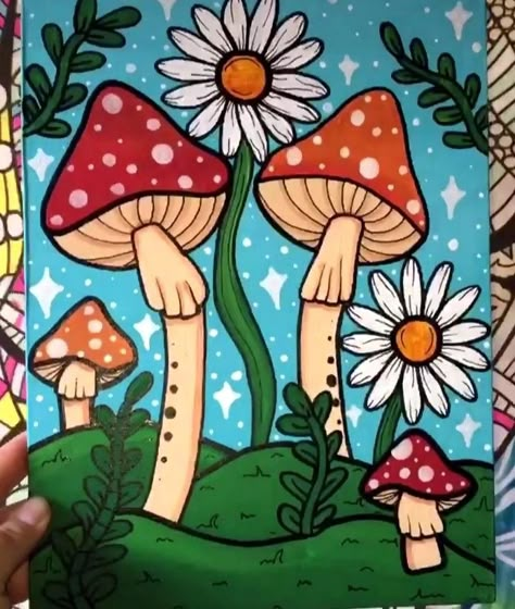 Shroom Canvas Paintings, Trippy Painting Ideas Creative Mushroom, Cute Mushroom Painting Acrylic Easy, Trippy Paint Marker Art, Simple Mushroom Painting Ideas, Easy Mushroom Painting Ideas On Canvas, Mushrooms Painting Easy, Mushroom Painting Ideas Easy, Painting Ideas On Canvas Mushrooms