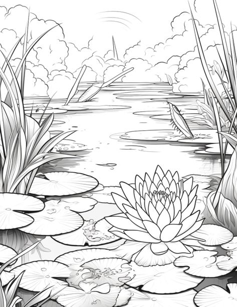 frog pond template watercolor printable Frog Pond Drawing, Lily Pond Drawing, How To Draw A Pond, Pond Doodle, Pond Drawing Easy, Watercolor Templates Printables, Pond Sketch, Printable Painting Templates, Stream Drawing