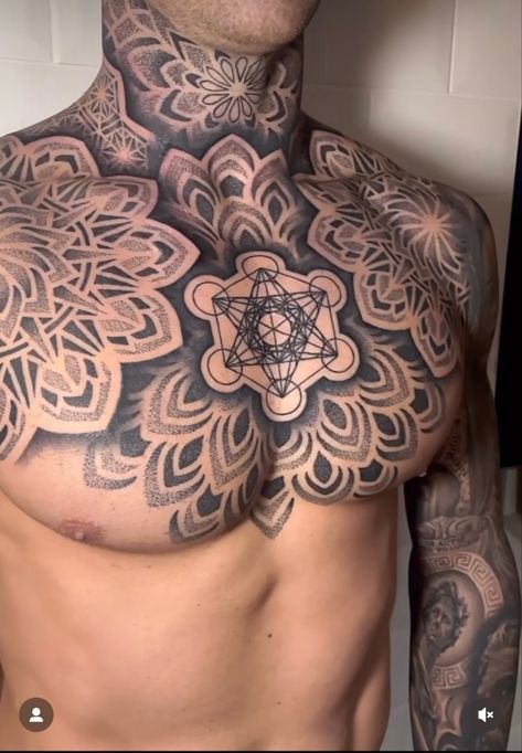 Chest Plate Tattoo Men, Chest Tattoo Filler Men, Lotus Chest Tattoo Men, Mandala Tattoo Men Chest, Geometric Throat Tattoo Men, Geometric Chest Tattoo Men Design, Mandala Torso Tattoo, Mandala Chest Piece Tattoo, Chest Tattoo Geometric