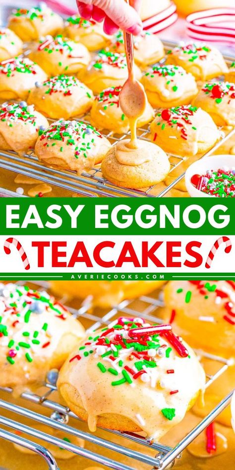 Easy Christmas cookies for your next get-together! These Eggnog Teacakes are also a perfect holiday baking recipe for hostess gifts. Soft and buttery with a creamy eggnog glaze, these eggnog cookies are a Christmas dessert idea everyone will love! Eggnog Donut Recipe, Eggnog Gingerbread Cookies, Egg Nog Desserts Easy, Egg Nog Cookies, Egg Nog Cookies Recipe, Eggnog Glaze, Festive Christmas Cookies, Cake Recipes For Beginners, Easy Eggnog