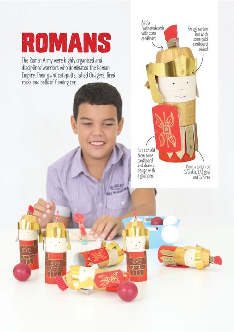 The Roman Army made from toilet rolls. From The History Issue of Lotta Magazine Romans Ks2, Romans For Kids, Roman Project, Ancient Rome Activity, Ancient Rome Projects, Rome Activities, Archaeology For Kids, Teaching Latin, Ancient History Archaeology