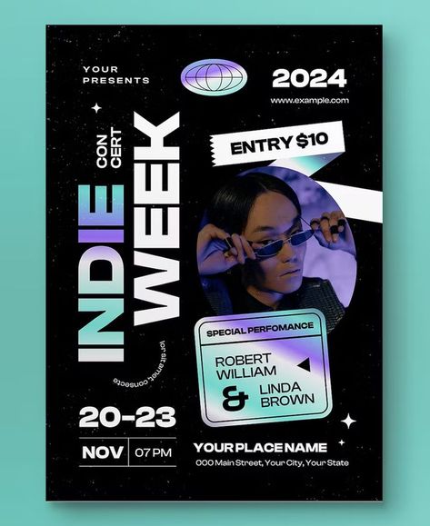 Hologram Indie Concert Week Flyer Template AI, PSD Indie Concert, Music Ministry, Concert Poster Design, Business Promotion, Graphic Design Fun, Concert Posters, Graphic Design Inspiration, Flyer Template, Banner Design