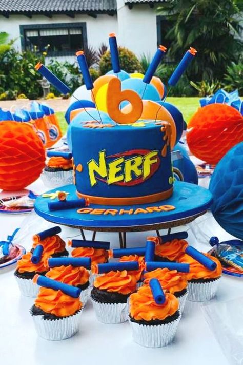 7th Birthday Theme For Boys, 6th Birthday Boy Theme Ideas, Boys 5th Birthday Party Ideas Themes, Boy 7th Birthday Party Ideas, Sixth Birthday Theme Boy, 6th Birthday Theme Boy, Sixth Birthday Party Ideas, Nerf Cakes For Boys, 6 Year Birthday Party Ideas Boy