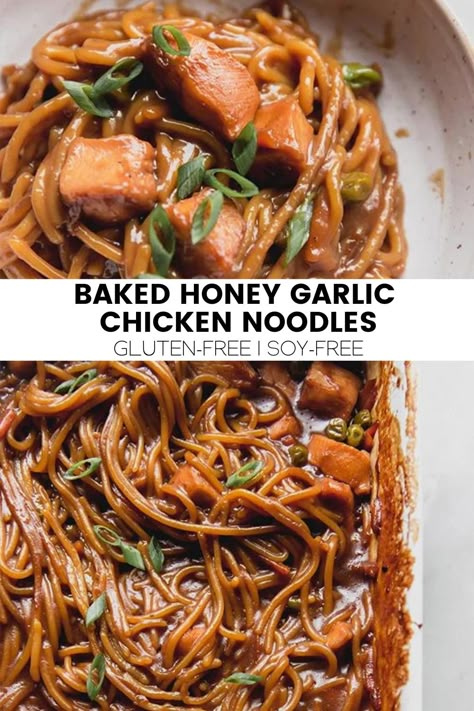 Baked Honey Garlic Chicken Noodles (Gluten Free) - Unbound Wellness Honey Garlic Chicken Noodles, Chicken Noodle Bake, Easy Pasta Bake, Baked Honey Garlic Chicken, Garlic Chicken Pasta, Unbound Wellness, Pasta Bake Easy, Honey Soy Chicken, Soy Chicken