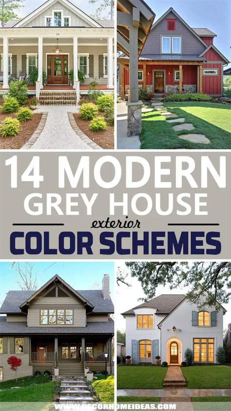 14 Modern Grey House Exterior Color Schemes Grey Exterior Color Schemes, Modern Outdoor Color Scheme House, Color Schemes For Outside Of House, Grey House Color Scheme Exterior, 2 Story House Paint Exterior Colors, Gray And Yellow Exterior House Colors, Gray House Trim Colors, Tan And Gray House Exterior, Modern Gray House Exterior