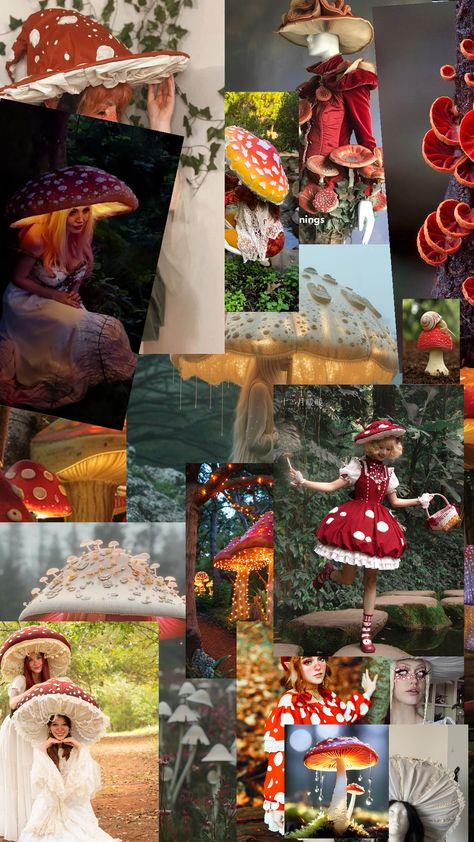 I love the whimsical and fantastical vibe of your mushroom costume mood board! The use of oversized mushroom hats, vibrant red and white polka-dot patterns, and the mix of nature-inspired textures and organic forms creates a magical, fairy-tale atmosphere. There’s a great balance between fashion-forward elements and playful, almost otherworldly touches, especially with how the designs seem to merge nature and couture.

The lighting concepts, with glowing mushrooms and illuminated scbring an ethereal mood that could be perfect for a fantasy or costume-based collection. The combination of soft fabrics, natural color palettes, and sculptural silhouettes suggests a lot of creative potential. Mushroom Hats, Winter Light Festival, Mushroom Costume, Red Mushrooms, Glowing Mushrooms, Fairy Tale Costumes, Mushroom Hat, Nature Color Palette, Lighting Concepts