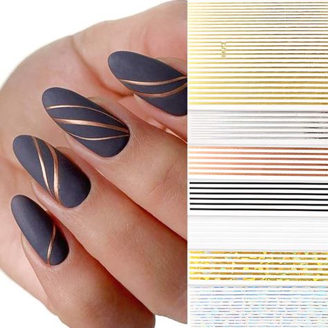 7pcs Nail Strip Stickers Black/Gold/Rose Gold/Silver Metal Strip Tape Nail Art Adhesive DIY Foil Tips Nail Sticker Decals (7pcs) : Amazon.ca: Beauty & Personal Care Nail Striping Tape, Diy Foil, Black Gold Nails, Rose Gold Nails Design, Tape Nail Art, Matte Black Nails, Edge Nails, Nail Tape, Nail Stickers Decals