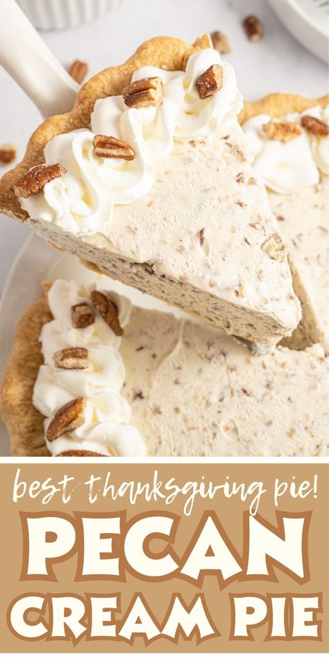 This Pecan Cream Pie is a creamy variation of traditional pecan pie! A buttery flakey crust filled with a crunchy pecan cream filling that's sweetened with pure maple syrup, and a pecan cream cheese mixture filling. My holiday table is never complete without this pie! Pecan Cream Pie Recipe, Pecan Cream Pie, Pecan Desserts Recipes, Pecan Desserts, Thanksgiving Pie, Easy Pie Recipes, Cream Pie Recipes, Cream Filling, Pecan Pie Recipe