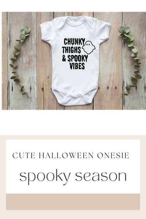 chunky thighs and spooky vibes onesie, cricut halloween projects, halloween onesie idea, cricut onesie ideas, baby's 1st halloween, svg , halloween svg Halloween Baby Onesies, Rainbow Halloween, Babys 1st Halloween, Halloween Onesie, Rainbow Shop, Cricut Halloween, Halloween Projects, Baby Halloween, Hand Designs