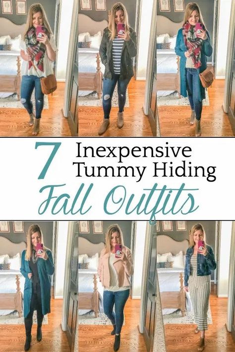 7 Inexpensive Tummy Hiding Fall Outfits | 7 fall outfit ideas and tummy pooch hiding tricks for postpartum / post-menopausal bodies, plus fashion staples that can be mixed and matched. Flattering Mom Outfits, How To Style Mom Pooch, How To Dress A Mom Pooch, Flattering Postpartum Outfits, Mommy Tummy Outfits, Fall Outfits Apple Shape, How To Dress Postpartum Belly, Outfits For Belly Pooch, Plus Size Postpartum Outfits