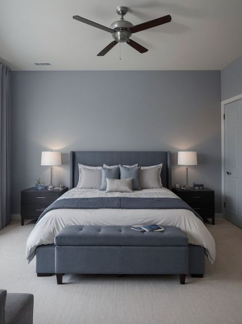 Create a soothing gray bedroom with a touch of elegance by adding a striking blue accent wall. Enhance the overall aesthetic with sleek furniture and soft lighting to achieve a modern yet inviting atmosphere. Granny Bedroom, Gray And Blue Bedroom, Turkish Room, Room Painting Bedroom, Grey Boys Rooms, Blue Accent Wall, Bedroom Interior Decor, Blue Gray Bedroom, Navy House