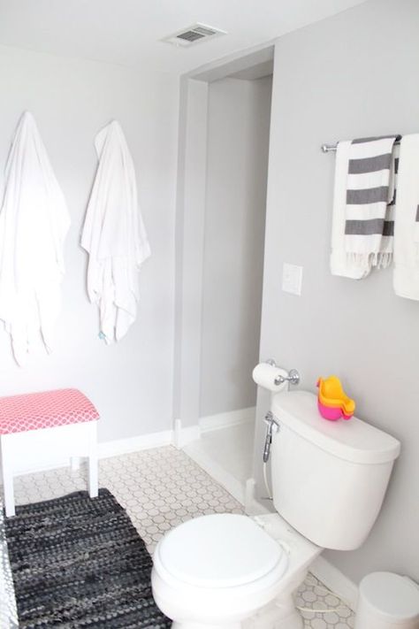 Paint color is Dolphin Fin by Behr Dolphin Fin Behr Paint, Bathroom Paint Colors Behr, Kids Room Wall Color, Paint On The Wall, Dolphin Fin, Gray Bathroom Walls, Paint Gallery, Grey Wall Color, Baby Bath Seat