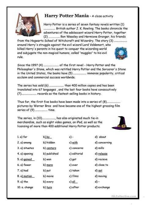 Harry Potter Mania Cloze - English ESL Worksheets for distance learning and physical classrooms Harry Potter English, Harry Potter Lessons, Harry Potter Activities, Harry Potter School, Cloze Activity, About Harry Potter, Harry Potter Classroom, Harry Potter Printables, Festa Harry Potter