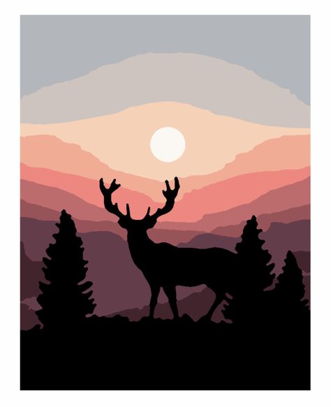 Wilderness Painting Ideas, Western Acrylic Painting, Deer Mural, Deer Canvas Painting Easy, Mountain Sillhoute Painting, Deer Mural Painting, Deer Scenery Painting, Monochromatic Painting, Deer Drawing