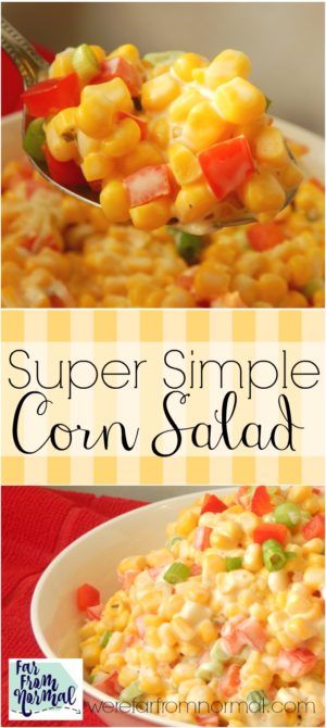 How easy is this With only 4 ingredients this simple corn salad is so delicious and super quick! Great for picnics & cookouts! Summer Party Food For A Crowd, Cold Corn Salad, Corn Salad Recipe Easy, Slate Walkway, Easy Corn Salad, Cookout Side Dishes, Corn Dishes, Corn Salad Recipes, Summer Corn Salad