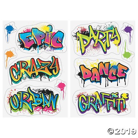 Add some bright colors and funky designs to your 90s or graffiti theme event with these clings! Perfect for using with our concrete stand-ups, sold ... Graffiti Theme, Graffiti Party, Images Pop Art, Alphabet Graffiti, Graffiti Names, Graffiti Art Letters, Arte Doodle, Graffiti Words, Graffiti Lettering Fonts