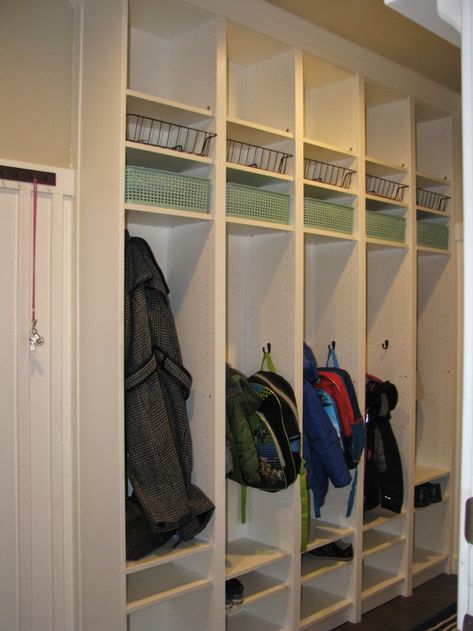 Pocket Full of Projects: Our Amazing New Mudroom! (Using IKEA BILLY, BESTA and PAX) Ikea Coat Closet, Mud Room Ikea, Ikea Lockers, Ikea Mud Room, Ikea Closet Organizer, Billy Ikea, Billy Bookcases, Coat Closet Organization, Ikea Billy Bookcase Hack