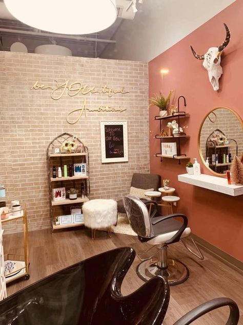 Salon Rooms Ideas, Hair Salon Floor Plans Design Layouts, Salon Inspo Rustic, Salon Suite Waiting Area Ideas, Cozy Hair Salon Ideas, Personal Hair Salon Room, Country Chic Salon Ideas, Western Theme Hair Salon, Boho Theme Salon