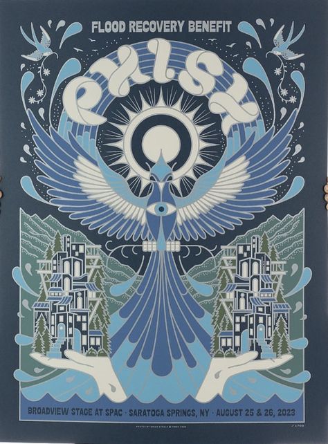 One of 2 official LE posters for the Phish shows at SPAC, Saratoga Springs, NY | for Flood Recovery Benefit | 25&26 Aug 2023 | by Brian Steely | 18”x24” | Edition of 1,700 | 6 colour screenprint, with metallic inks, on French Nightshift Blue paper Phish Posters, Professional Poster, Psychadelic Art, Saratoga Springs Ny, Phish, Saratoga Springs, Cow Bell, Illustration Poster, Band Posters