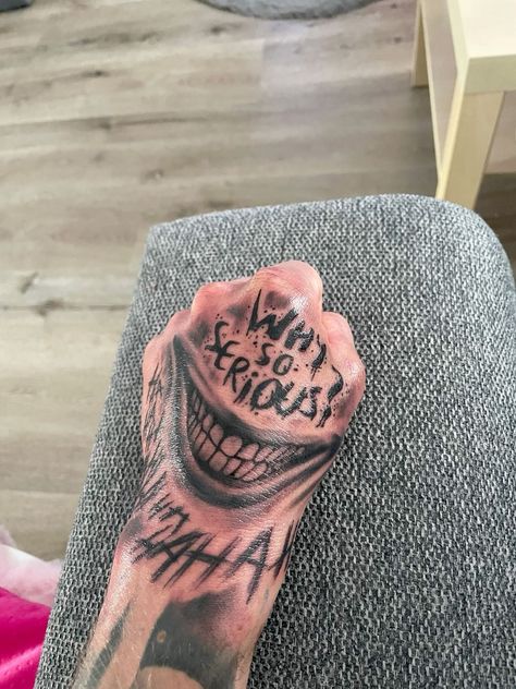 The Joker Hand Tattoo, Smile On Hand Tattoo, Hand Smile Tattoo, Jokers Hand Tattoo, Why So Serious Tattoo Hand, Joker Tattoo On Hand, Smile Tattoo On Hand, Joker Hand Tattoo Smile, Joker Tattoo Hand