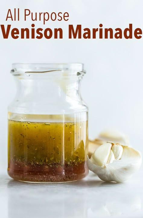 This All Purpose Venison Marinade is healthy, bright and fresh. It's #whole30 and #paleo approved, and it tenderizes and flavors any cut of venison you're working with. Your deer meat won't be dry or gamey anymore! This is easy to whip up and uses red wine vinegar, olive oil, and garlic. #marinade #deer #deermeat #venison #wildgame #hunters #hunting #meateater Marinade For Deer Meat, Brine For Deer Meat, Venison Marinade Easy, Deer Meat Marinade, Venison Marinade Recipes, Venison Marinade, Elk Recipes, Deer Recipes, Garlic Marinade