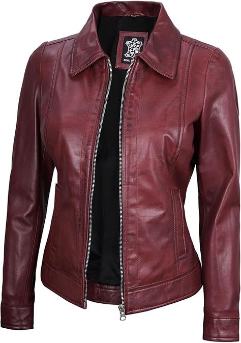 Decrum Womens Leather Jacket - Real Lambskin Trucker Style Leather Jackets for Women at Amazon Women's Coats Shop Peplum Leather Jacket, Asymmetrical Leather Jacket, Maroon Leather Jacket, Leather Jacket For Women, Maroon Jacket, Varsity Jacket Women, Distressed Leather Jacket, Pink Leather Jacket, Blue Leather Jacket