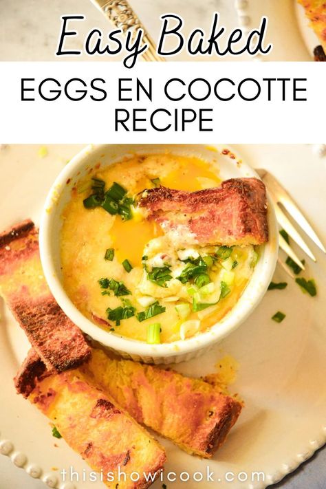 An eggs en cocotte recipe made in cute little ramekins is a special way to start your day. These easy baked eggs can be customized to your own taste. This simple recipe for baked eggs contains prosciutto and cheese but you can add whatever you feel like! Eggs En Cocotte Recipe, French Eggs Baked, Baked Eggs In Ramekins, Recipes Using Duck Eggs, Prosciutto And Cheese, Cocotte Recipe, French Eggs, Baked Eggs Recipe, Tater Tot Breakfast