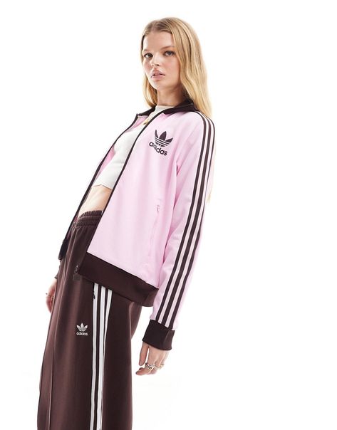 Coats & Jackets by adidas Originals Throw on, go out High collar Zip fastening adidas print detail Zip side pockets Regular fit Pink Adidas Jacket Outfit, Pink Adidas Tracksuit, Pink Adidas Jacket, Pink Brown Outfit, Adidas Track Jacket Outfit, Pink And Brown Outfit, Adidas Women Outfit, Outfit Marrone, Adidas Jacket Outfit