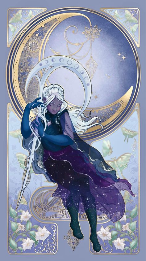 Moon Sorcerer Dnd, Moon Warrior Female, Circle Of Stars Druid Dnd Female, Selune Cleric Character, Astral Elf Cleric, Moon Fantasy Outfit, Drow Cleric Eilistraee, Moon Druid Aesthetic, Lunar Sorcerer Dnd