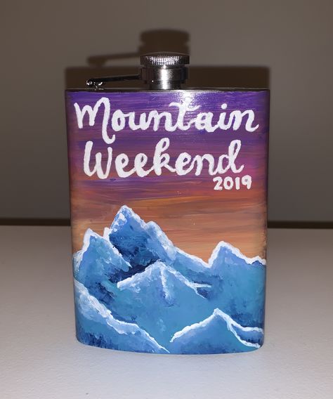 Mountain Weekend Fraternity Flask Cooler Painting Mountain Weekend Flask, Mountain Weekend Cooler Fraternity, Painted Flask Fraternity, Frat Flask Painted, Frat Cooler Mountain Weekend, Frat Painting, Formal Flask, Flask Painting, Fraternity Flask