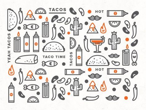 Taco Time two 2 color vector icon pattern fun masculine bold Food Packaging Photography, Drawing Food, Taco Time, Menu Food, Food Instagram, Henri Cartier Bresson, Food Patterns, Illustration Food, Restaurant Branding