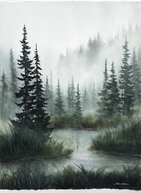 Mother Earth Art, Foggy Forest, Oregon Washington, Landscape Art Painting, Watercolor Painting Techniques, Forest Painting, Watercolor Landscape Paintings, Watercolor Art Lessons, Watercolor Trees